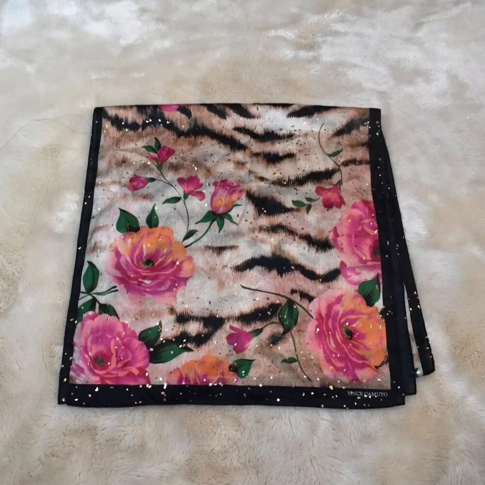 Vince Camuto Floral Animal Print Sparkly Sheer Scarf Wrap Pink Black Beige